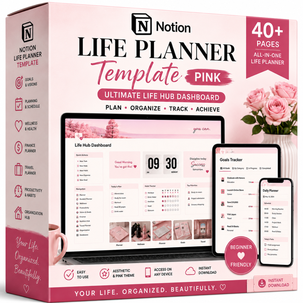 Notion Life Planner Template Pink® – Ultimate Life Hub Dashboard